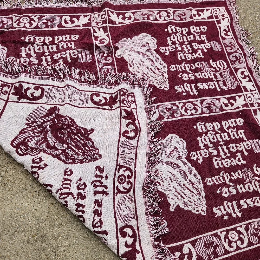 Vintage Tapestry Throw Blanket Fringe Religious Praying Hands Bless This House